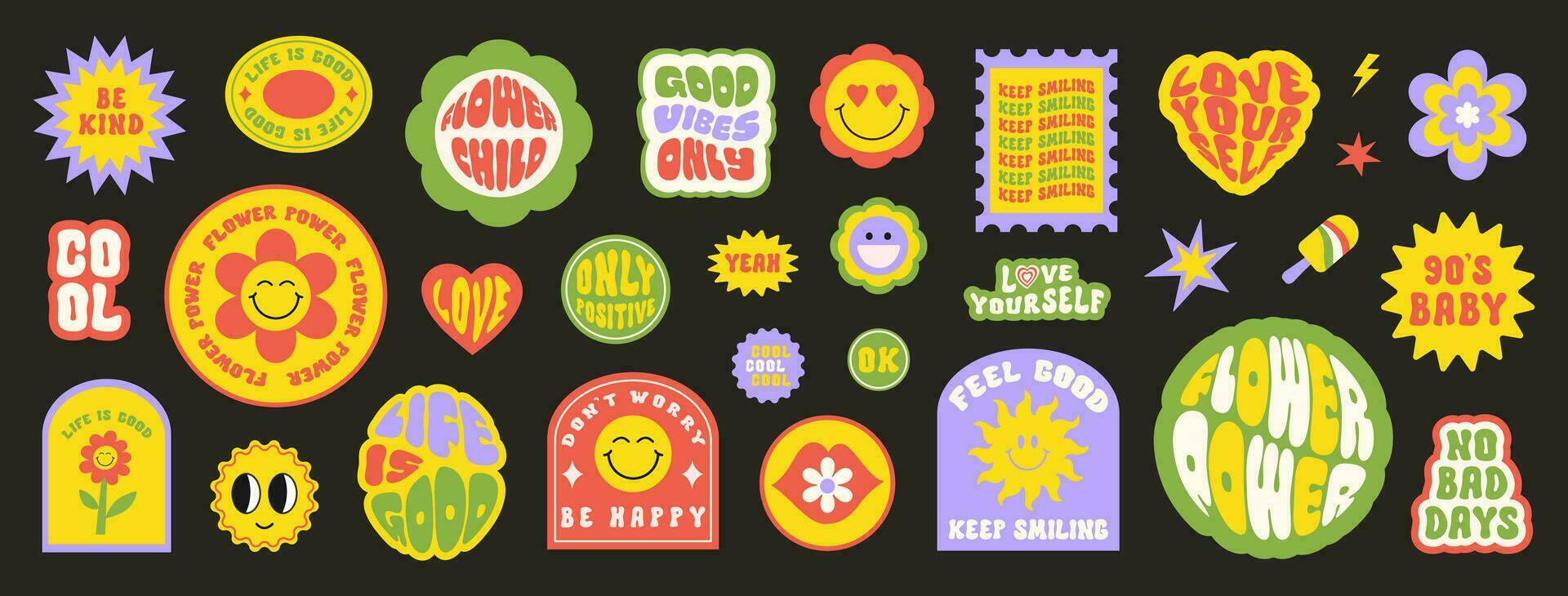 modieus kleurrijk reeks stickers met glimlachen gezicht en tekst. verzameling van tekenfilm vormen, positief slogans in stijl jaren 90. vector illustratie