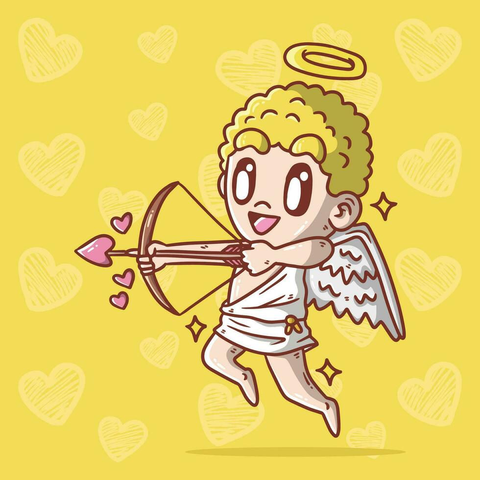 tekenfilm vector illustratie van schattig Cupido schieten een pijl van liefde. hand- getrokken vector illustratie