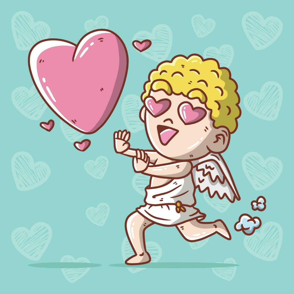 tekenfilm vector illustratie van schattig Cupido rennen naar krijgen een liefde. hand- getrokken vector illustratie