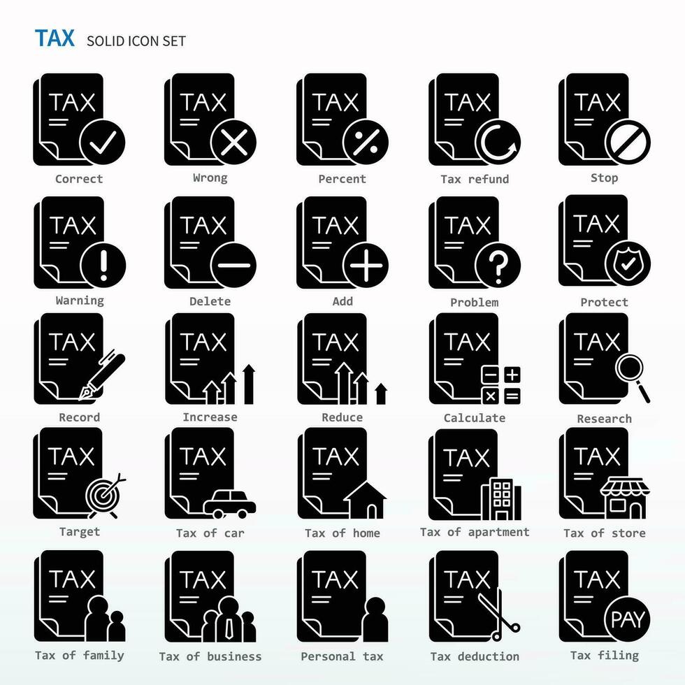 belasting icoon reeks - solide pictogrammen. dezelfde net zo belasting, boekhouding, controle, belastingen, vat, bank, geld. vector