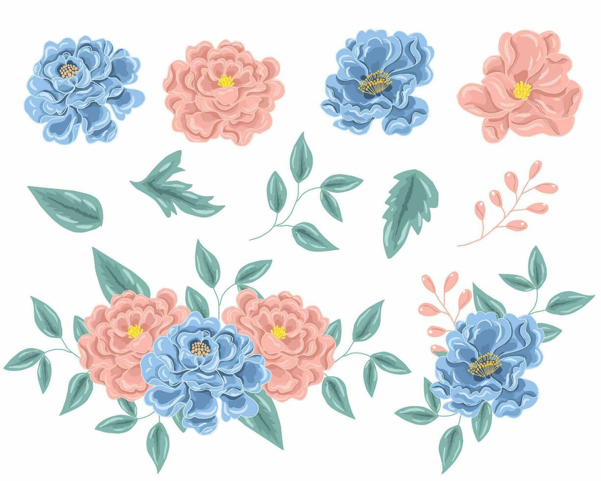 hand- getrokken blauw en roze roos vector