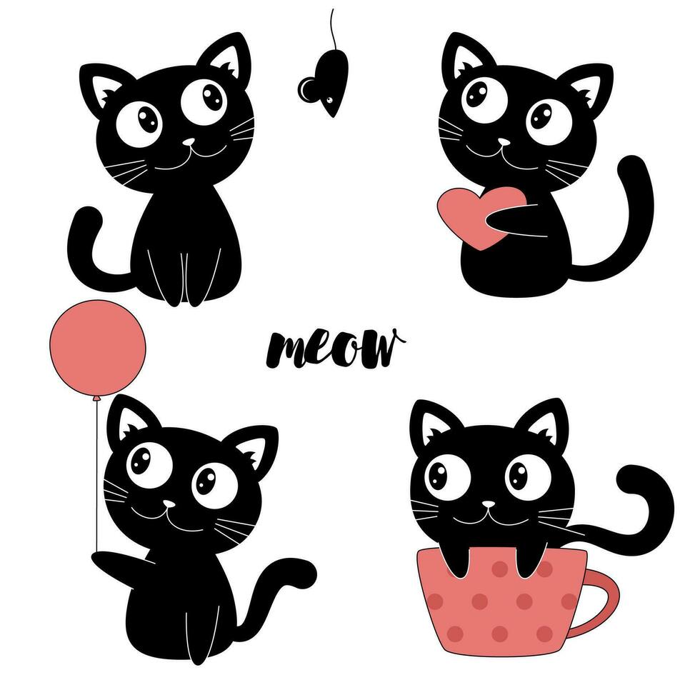 reeks katten met verschillend emoties. schattig grappig huisdieren. kat met muis, hart en een ballon. vector