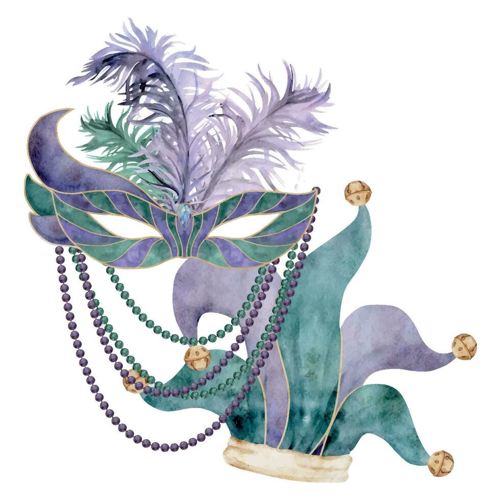 hand- getrokken waterverf mardi gras carnaval symbolen. theater maskerade circus masker veren, nar dwaas hoed bellen. samenstelling geïsoleerd Aan wit achtergrond. ontwerp voor partij uitnodiging, afdrukken, winkel vector