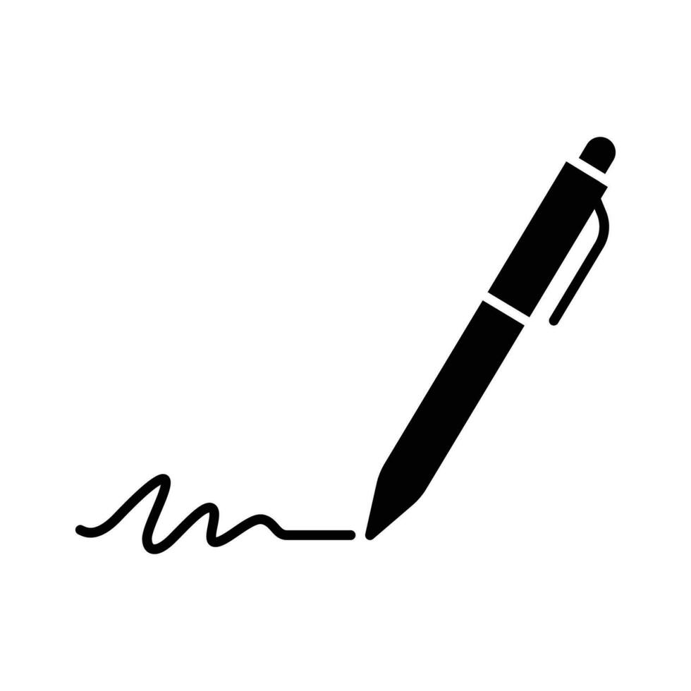 pen, schrijven icoon. gemakkelijk solide stijl. handtekening pen, papier, inkt, teken, potlood, hulpmiddel, onderwijs concept. zwart silhouet, glyph symbool. vector illustratie geïsoleerd.