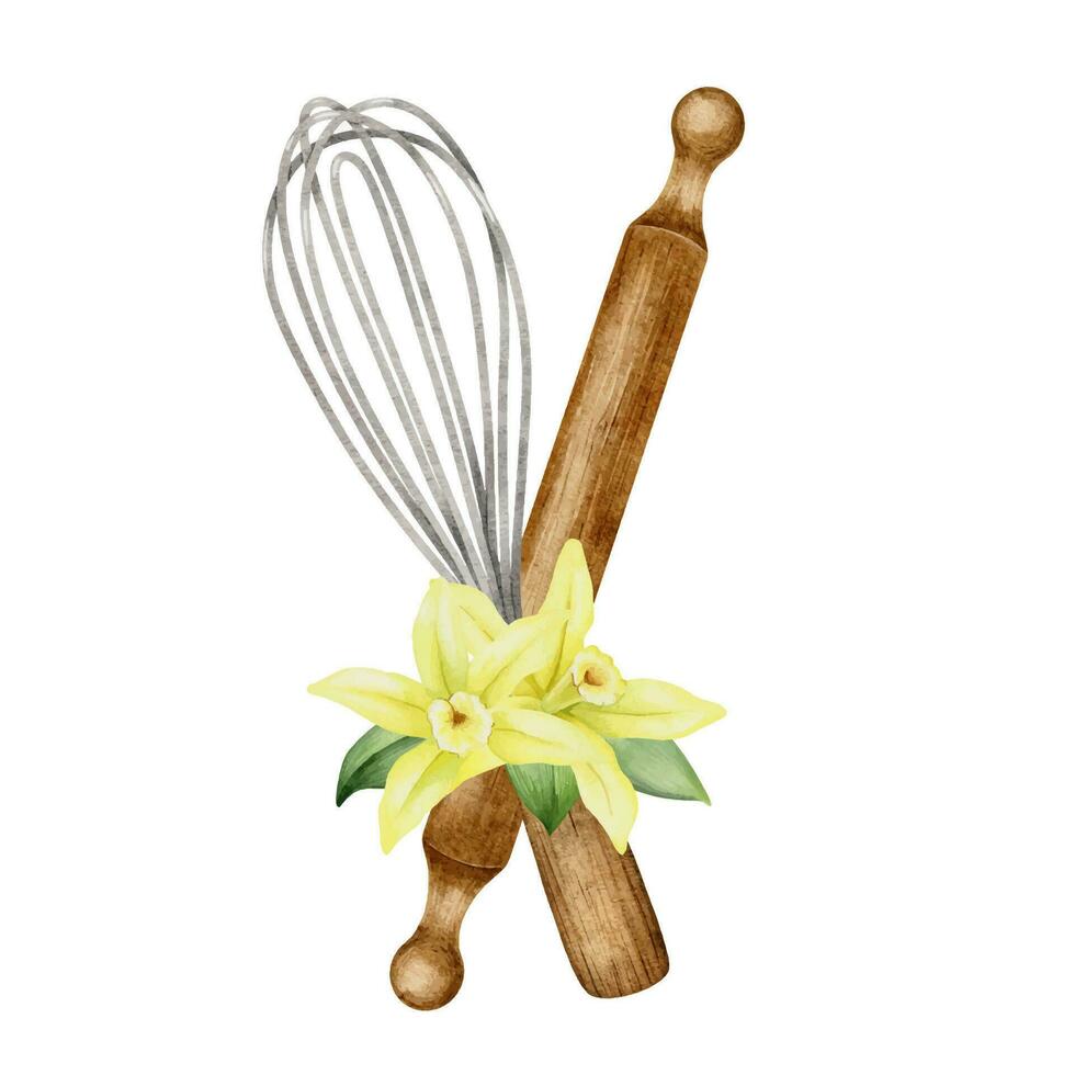 houten vliegenmepper en rollend pin. keuken gereedschap met geel vanille bloemen. keuken gebruiksvoorwerpen. waterverf illustratie. geïsoleerd. ontwerp element voor kookboek, menu's, recept, voedsel label, verpakking vector