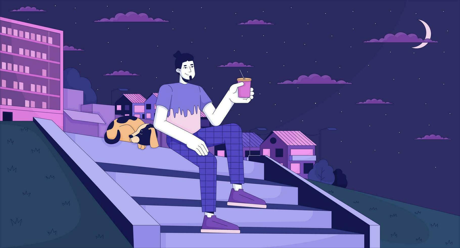ontspannende met huisdier Aan heuvel trap Bij nacht lofi behang. hond wandelen 2d tekenfilm vlak illustratie. Mens drinken koffie Aan trappenhuis. dromerig kilte vector kunst, zie fi esthetisch kleurrijk achtergrond