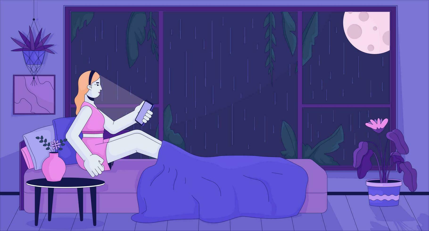 slapeloos nacht scrollen telefoon lofi behang. meisje surfing internet Bij regenachtig middernacht 2d tekenfilm vlak illustratie. slapeloosheid. dromerig gevoel kilte vector kunst, zie fi esthetisch kleurrijk achtergrond