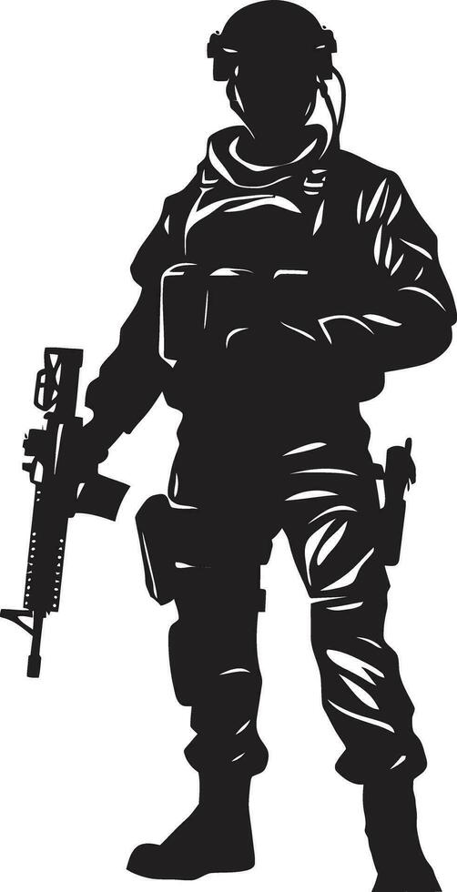 tactisch voogd gewapend soldaat zwart icoon militant beschermer vector leger man embleem