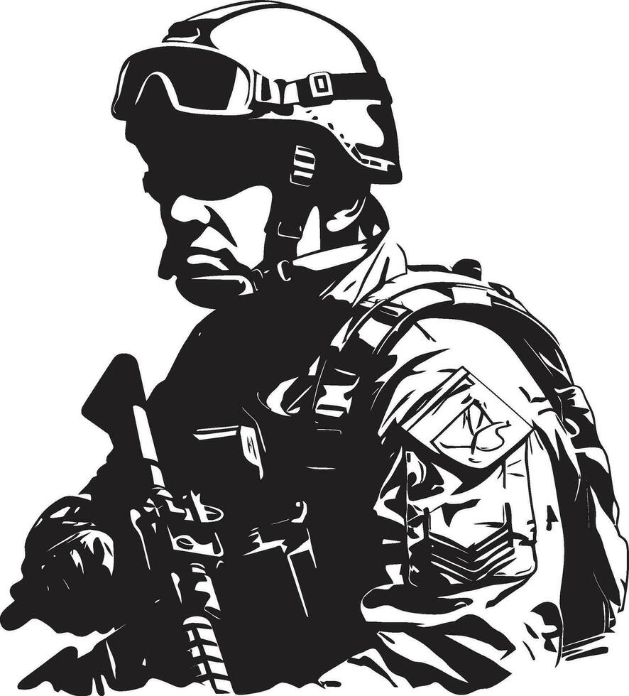 strijd klaar schildwacht gewapend leger man vector embleem gevecht waakzaamheid zwart logo icoon van een gewapend soldaat