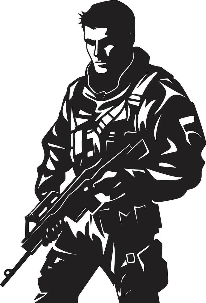 gevecht klaar voogd gewapend soldaat embleem in zwart tactisch verdediger leger man vector logo icoon ontwerp