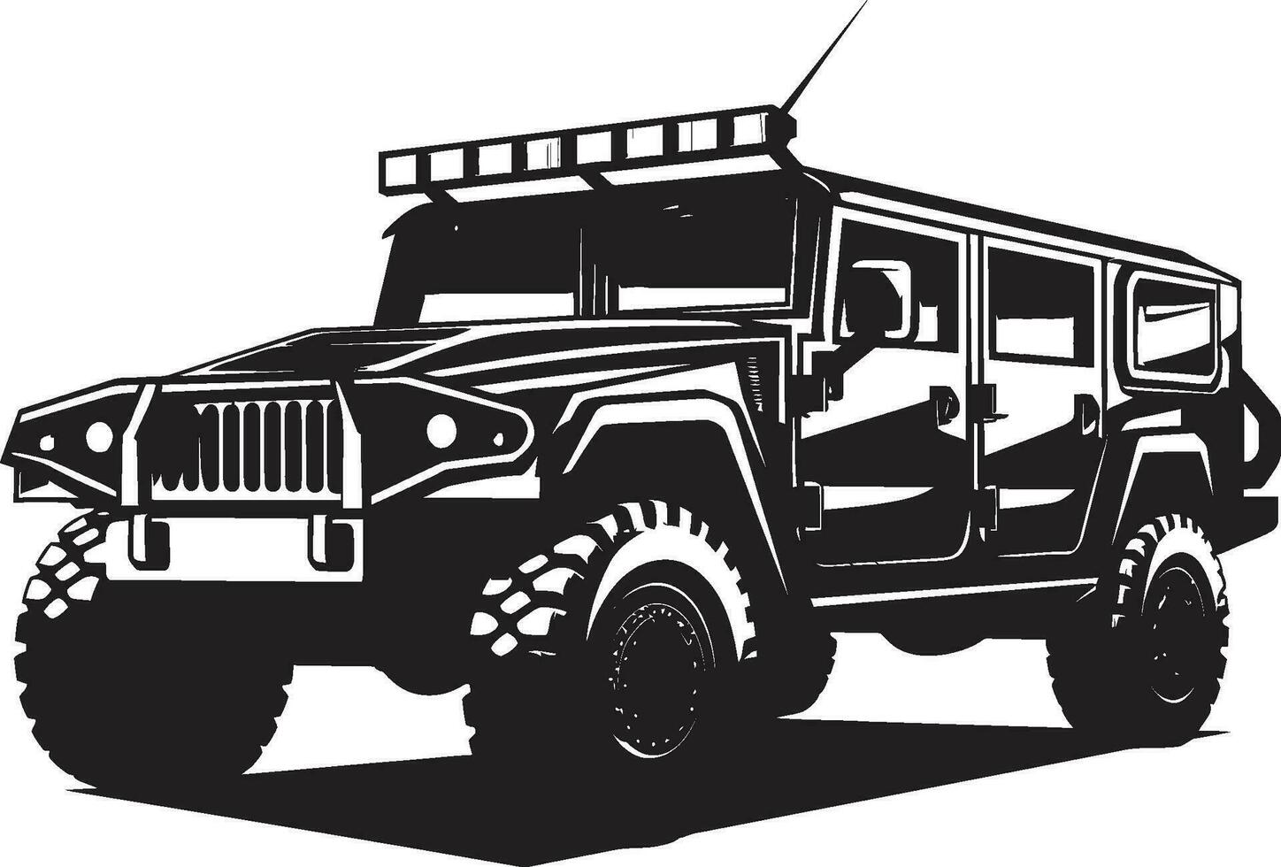 strijd klaar expeditie 4x4 zwart logo defensief verkennen leger voertuig icoon vector