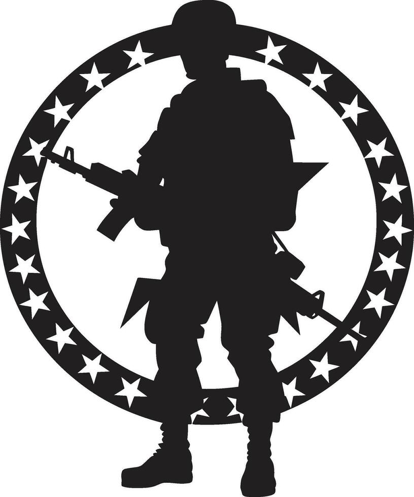 heroïsch oplossen zwart gewapend soldaat logo ontwerp waakzaam beschermer vector leger man zwart icoon