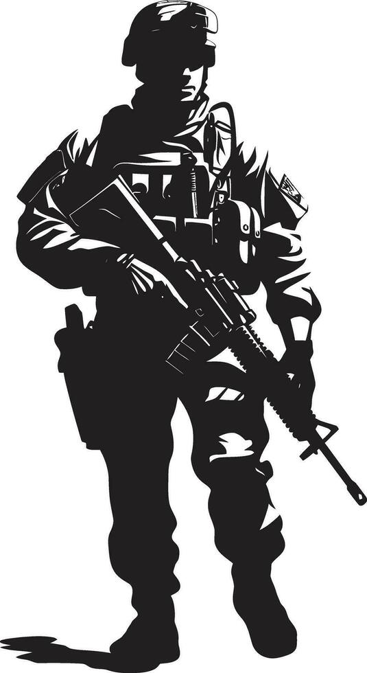 tactisch verdediger zwart leger man icoon strategisch beschermer gewapend krachten logo vector