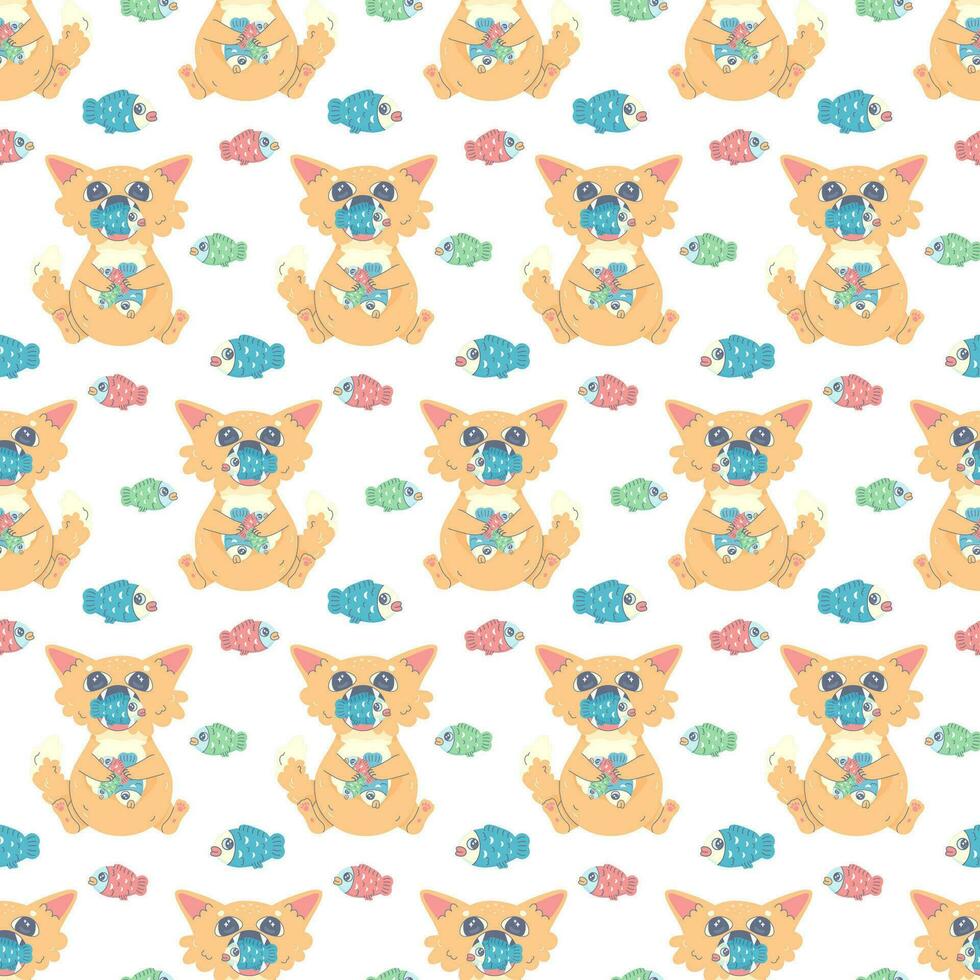 naadloos patroon kat vol van vis en slapen, vector illustratie voor kleding stof