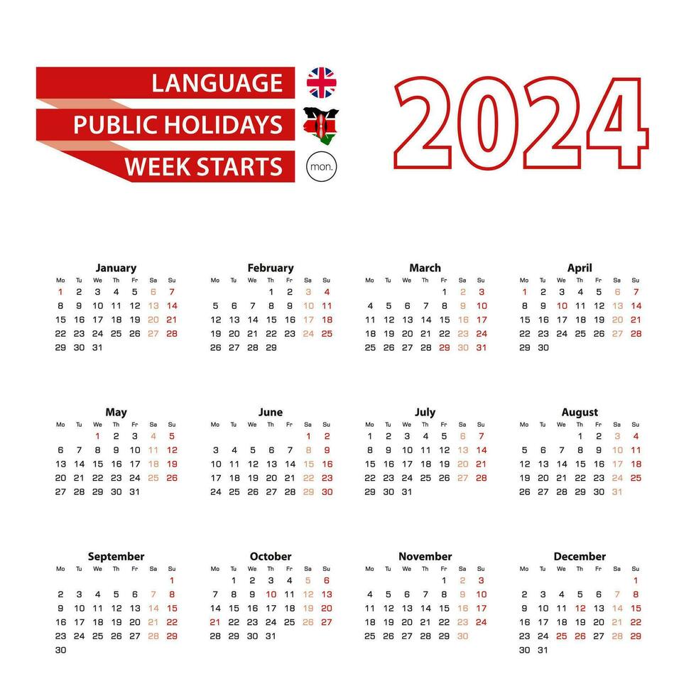 kalender 2024 in Engels taal met openbaar vakantie de land van Kenia in jaar 2024. vector