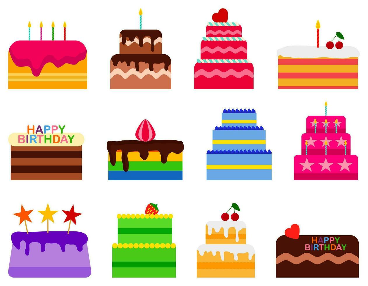 bruiloft of verjaardag vector taart cakes pictogrammen set. taart snoepgoed toetje bakkerij in vlak stijl. heerlijk geïsoleerd Aan wit achtergrond. vector illustratie