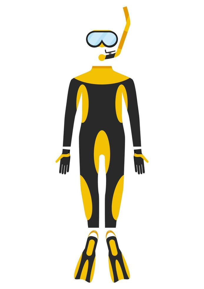 scuba duiken geïsoleerd Aan wit achtergrond. duiker wetsuit, scuba masker, snorkel, vinnen, flippers pictogrammen. onderwater- werkzaamheid duiken uitrusting en accessoires. vector illustratie