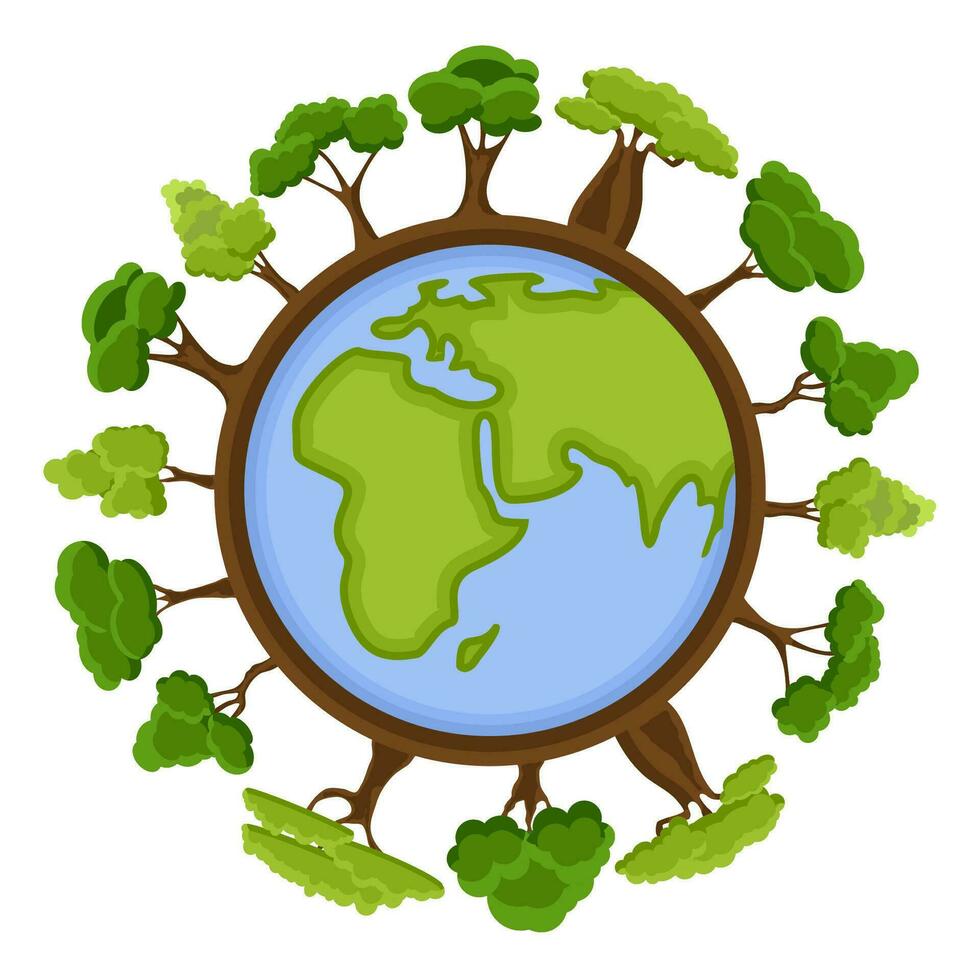 ecologie concept met groen eco aarde en bomen. tekenfilm aarde planeet wereldbol met milieu elementen in de omgeving van. eco vriendelijk vector illustratie.