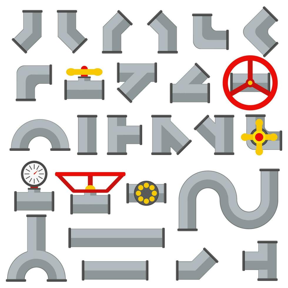 details pijpen verzameling water buis reeks knooppunt aansluiting. verschillend types industrie gas- klep bouw en olie industrieel druk technologie loodgieter. druk sensor, sleutels en water lijn pijp. vector