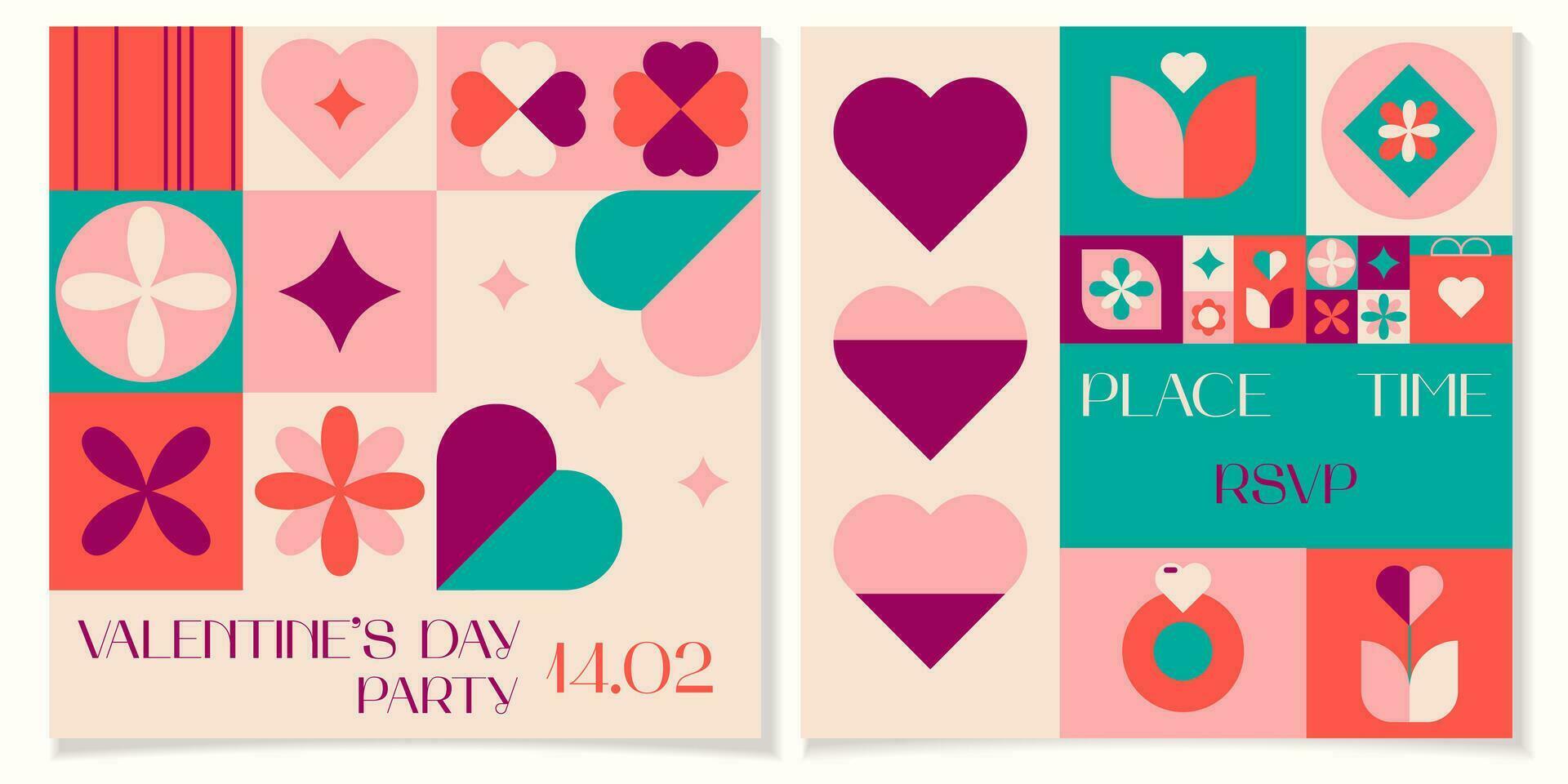 gelukkig Valentijnsdag dag meetkundig abstract partij uitnodiging. mozaïek- kaarten afdrukken met harten, vogels, planten en gemakkelijk vormen in een modieus stijl vector