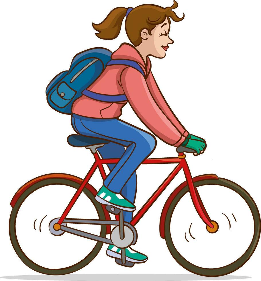 vector illustratie van een jong vrouw rijden een fiets met een rugzak