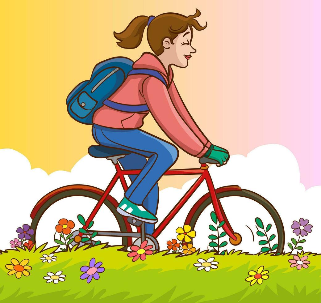 vector illustratie van een jong vrouw rijden een fiets met een rugzak