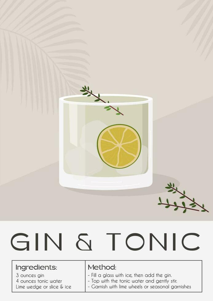 gin tonic cocktail gegarneerd met plak van limoen en rozemarijn takjes. zomer aperitief modieus poster. minimalistische afdrukken met alcoholisch drank Aan achtergrond met palm schaduw. vector vlak illustratie.