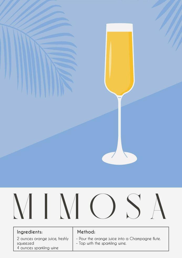 mimosa cocktail in Champagne glas. zomer aperitief recept met oranje sap en prosecco. mixologie minimalistische gemakkelijk verticaal afdrukken. alcoholisch drank Aan achtergrond. vector vlak stijl illustratie.