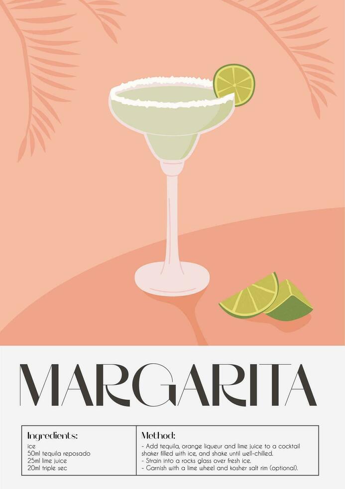 hedendaags poster van margarita cocktail met limoen wig, gesneden limoen stukken en tropisch palm brunch Aan de achtergrond. klassiek alcoholisch drank recept. modern modieus afdrukken. vector illustratie.