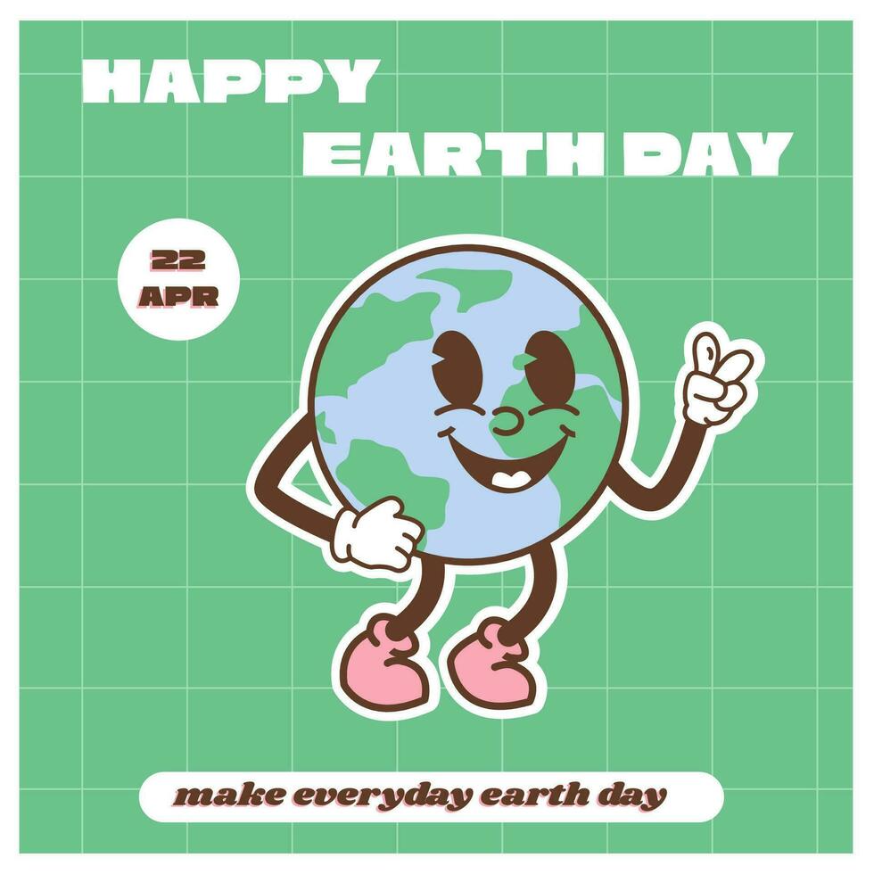 gelukkig aarde dag kaart. wijnoogst nostalgie tekenfilm aarde planeet karakter mascotte lachend. wereldbol vrede hand- gebaar. milieu vriendelijk recycle concept sociaal media spandoek. retro vector illustratie.