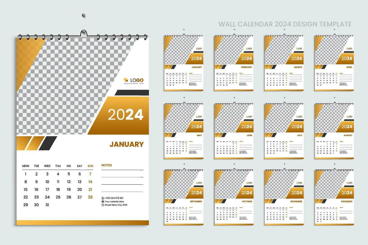 muur kalender 2024 ontwerp sjabloon, week beginnend van maandag, schoon, elegant sjabloon schema planner, abstract gouden kleur en luxe concept, perfect gebruik in huis school- college en kantoor vector