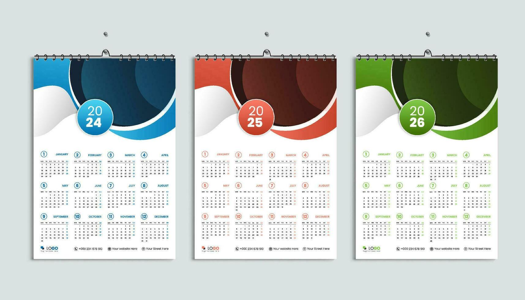 bundel van drie abstract helling muur kalender 2024, 2025 en 2026 ontwerpen, week beginnend maandag. schoon, elegant wit achtergrond en luxe concept, perfect voor huis school- college en kantoor vector