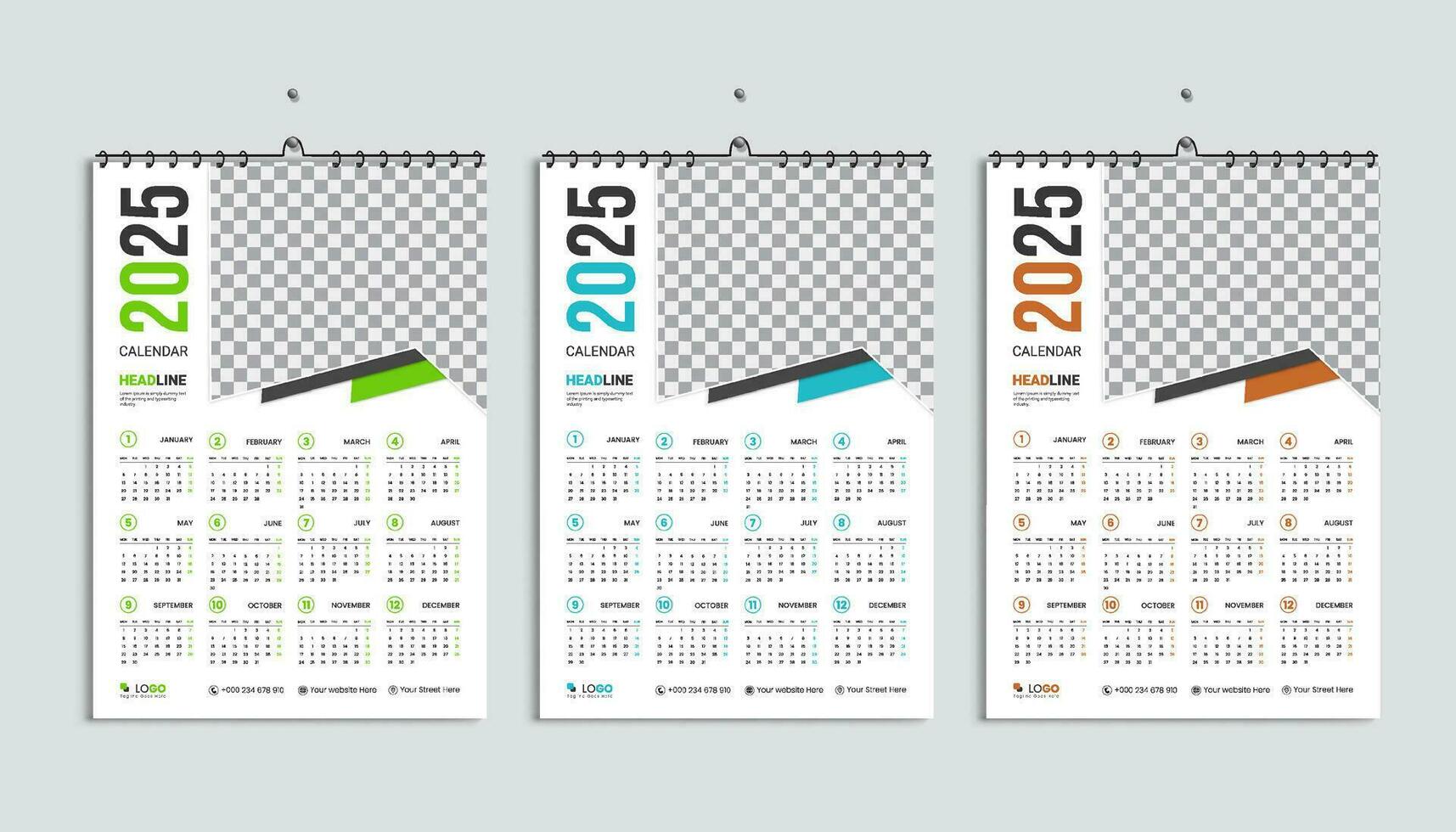 muur kalender 2025 ontwerp sjabloon, week begint maandag, schoon, elegant sjabloon schema planner, abstract groente, blauw, oranje helling kleur luxe concept, geschikt voor huis school, college kantoor vector