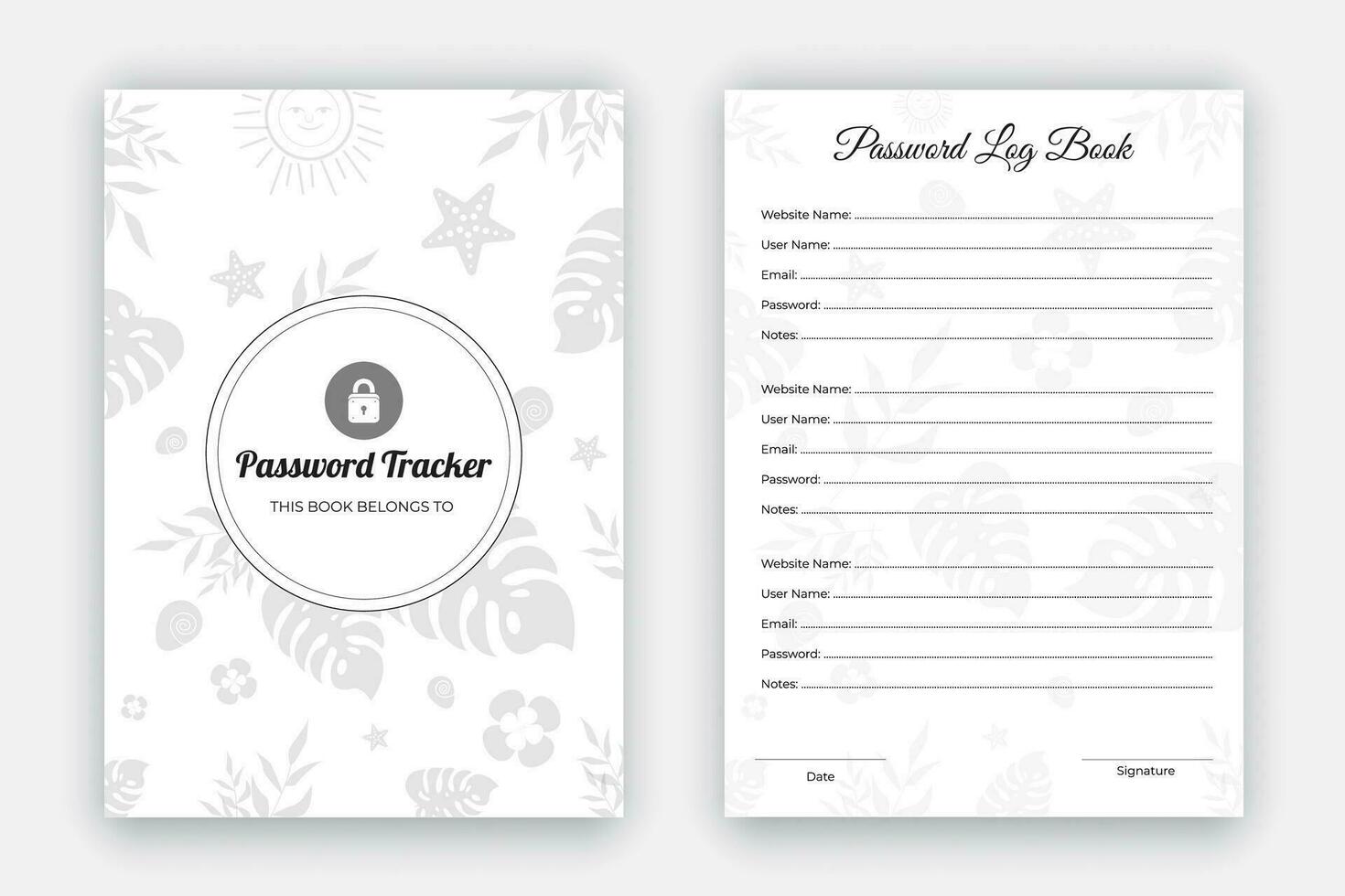 wachtwoord tracker dagelijks ontwerper log boek, notitieboekje, dagboek lay-out ontwerp Aan natuur bloem blad achtergrond sjabloon, persoonlijk en website gegevens formaat, zwart en wit papier herinnering, logboek, interieur vector