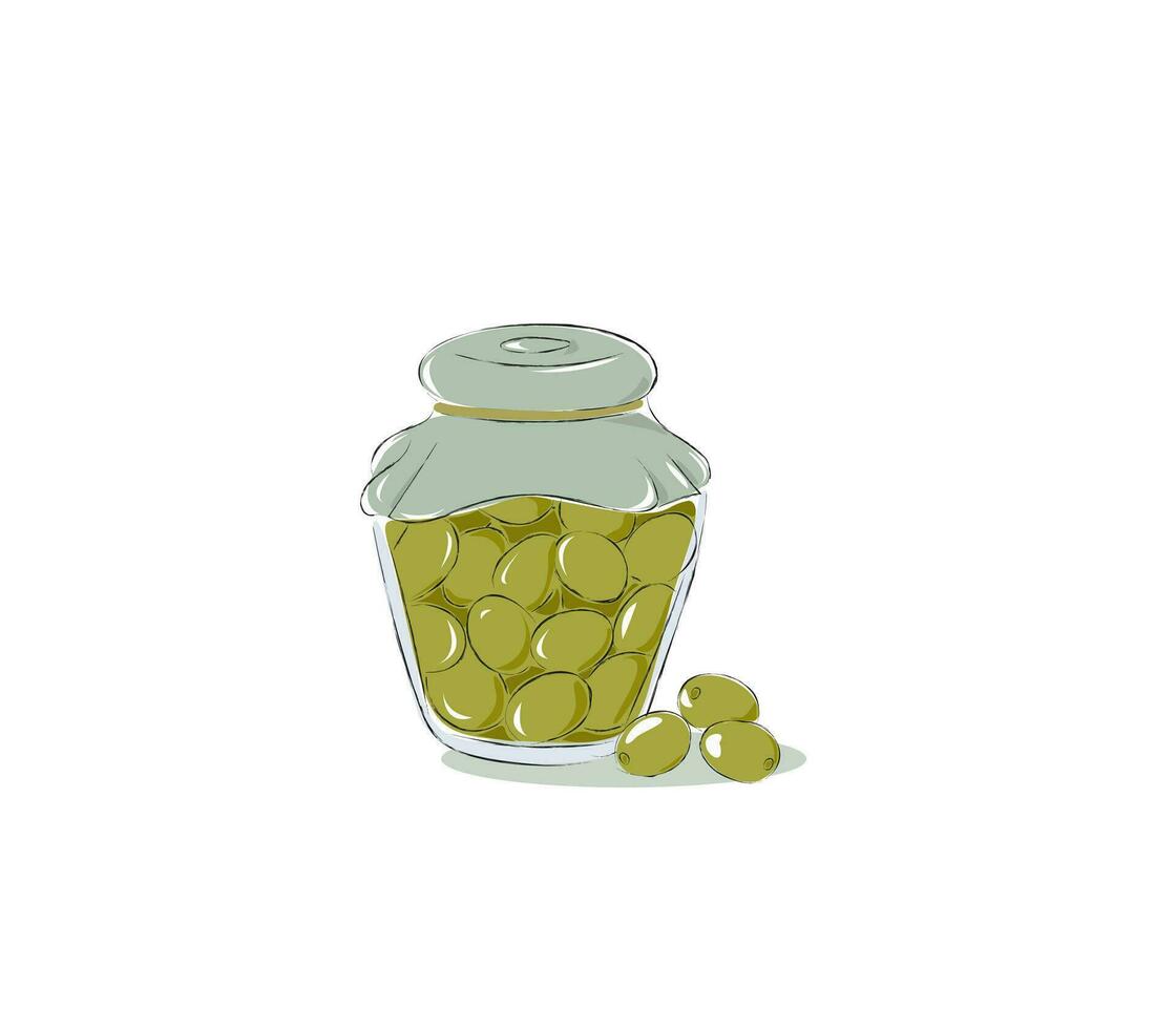 ingeblikt groen olijven in een pot schets vector illustratie. gemarineerd of gepekeld zwart olijven met steen in een blik kan. geïsoleerd Aan een wit achtergrond