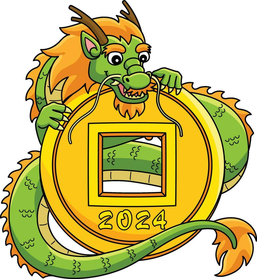 jaar van de draak met 2024 munt tekenfilm clip art vector