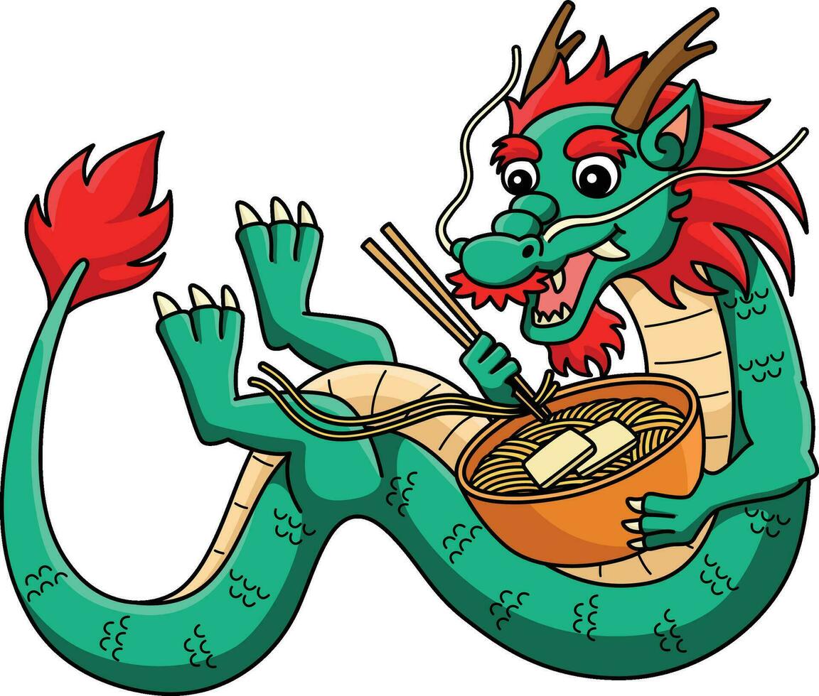 jaar van de draak aan het eten noedels tekenfilm clip art vector