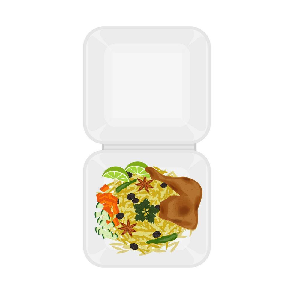logo illustratie van top visie kebuli rijst- of nasi kebuli in een piepschuim doos vector