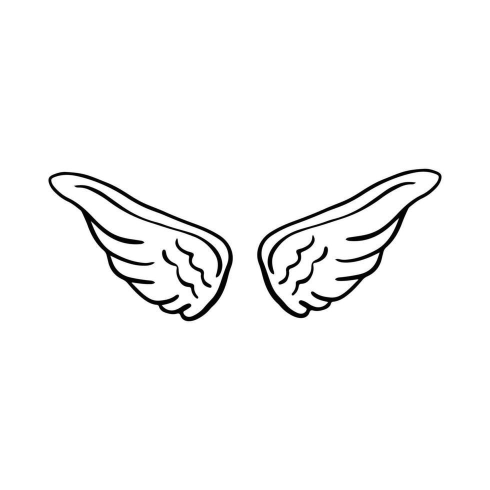 tekening Vleugels. tekenfilm vogel veer Vleugels, religieus engel Vleugels inkt schetsen, zwart tatoeëren silhouet. vector hand- getrokken blad vleugel schetsen reeks voor heraldisch symbool embleem Aan wit achtergrond