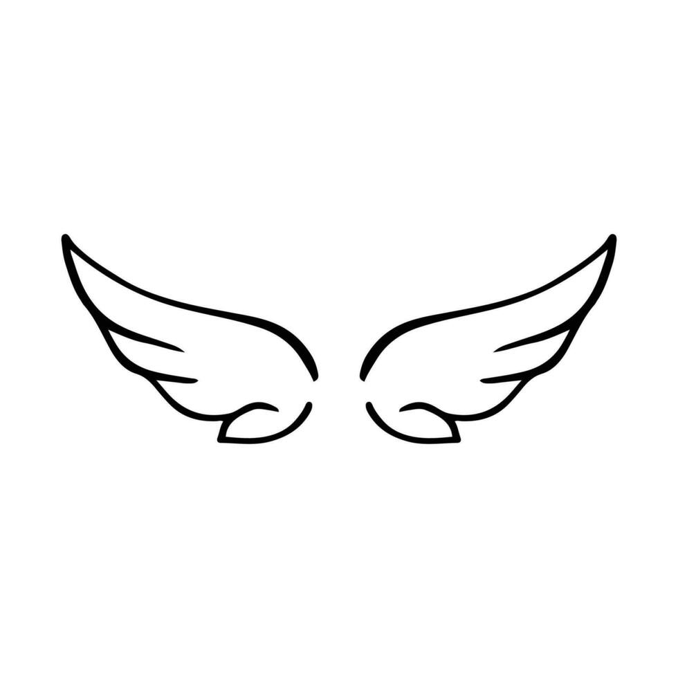 tekening Vleugels. tekenfilm vogel veer Vleugels, religieus engel Vleugels inkt schetsen, zwart tatoeëren silhouet. vector hand- getrokken blad vleugel schetsen reeks voor heraldisch symbool embleem Aan wit achtergrond