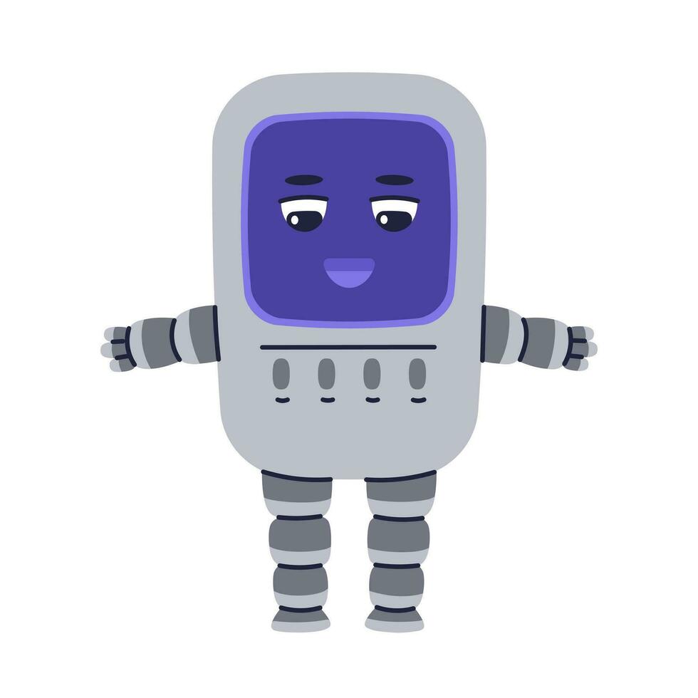 schattig robot karakter. chatbot, ai bot mascotte, digitaal cyborg. futuristische technologie onderhoud. communicatie kunstmatig intelligentie. vector illustratie in tekenfilm tekening stijl