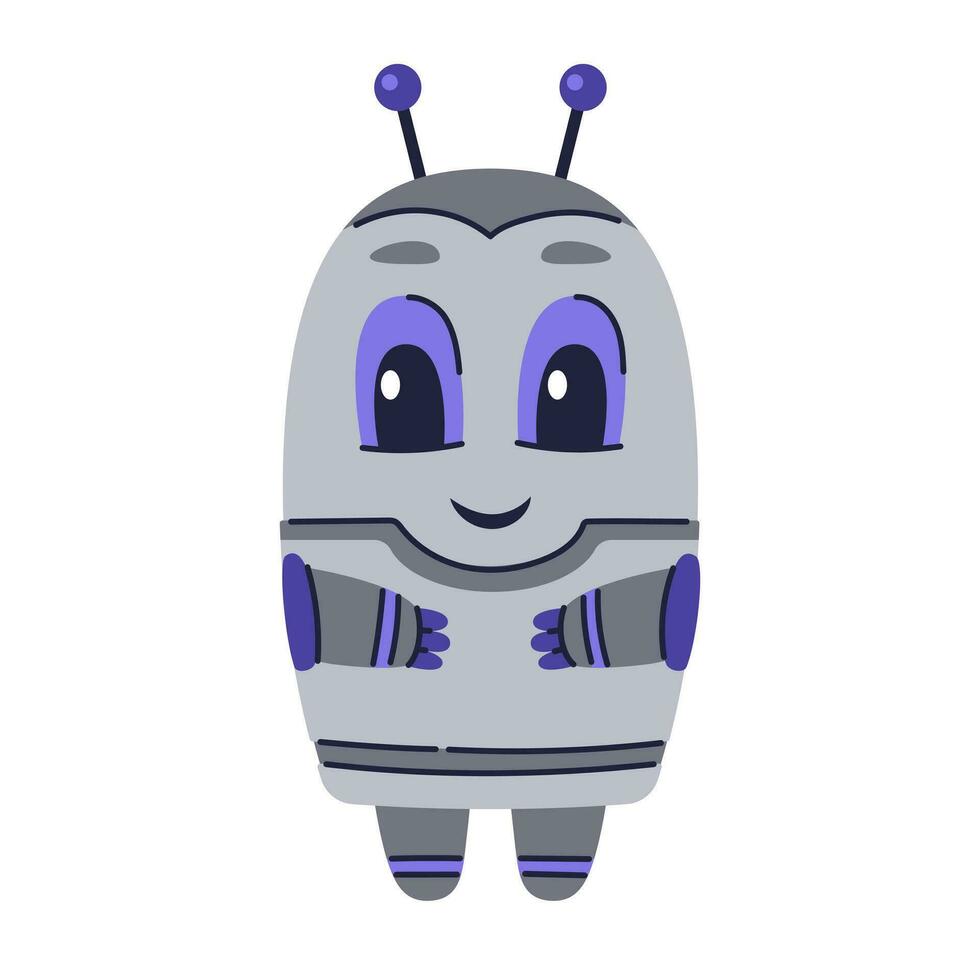 schattig robot karakter. chatbot, ai bot mascotte, digitaal cyborg. futuristische technologie onderhoud. communicatie kunstmatig intelligentie. vector illustratie in tekenfilm tekening stijl