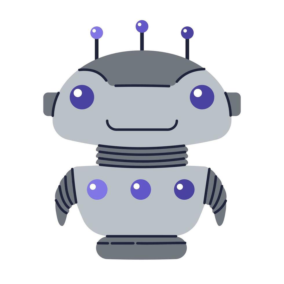 schattig robot karakter. chatbot, ai bot mascotte, digitaal cyborg. futuristische technologie onderhoud. communicatie kunstmatig intelligentie. vector illustratie in tekenfilm tekening stijl