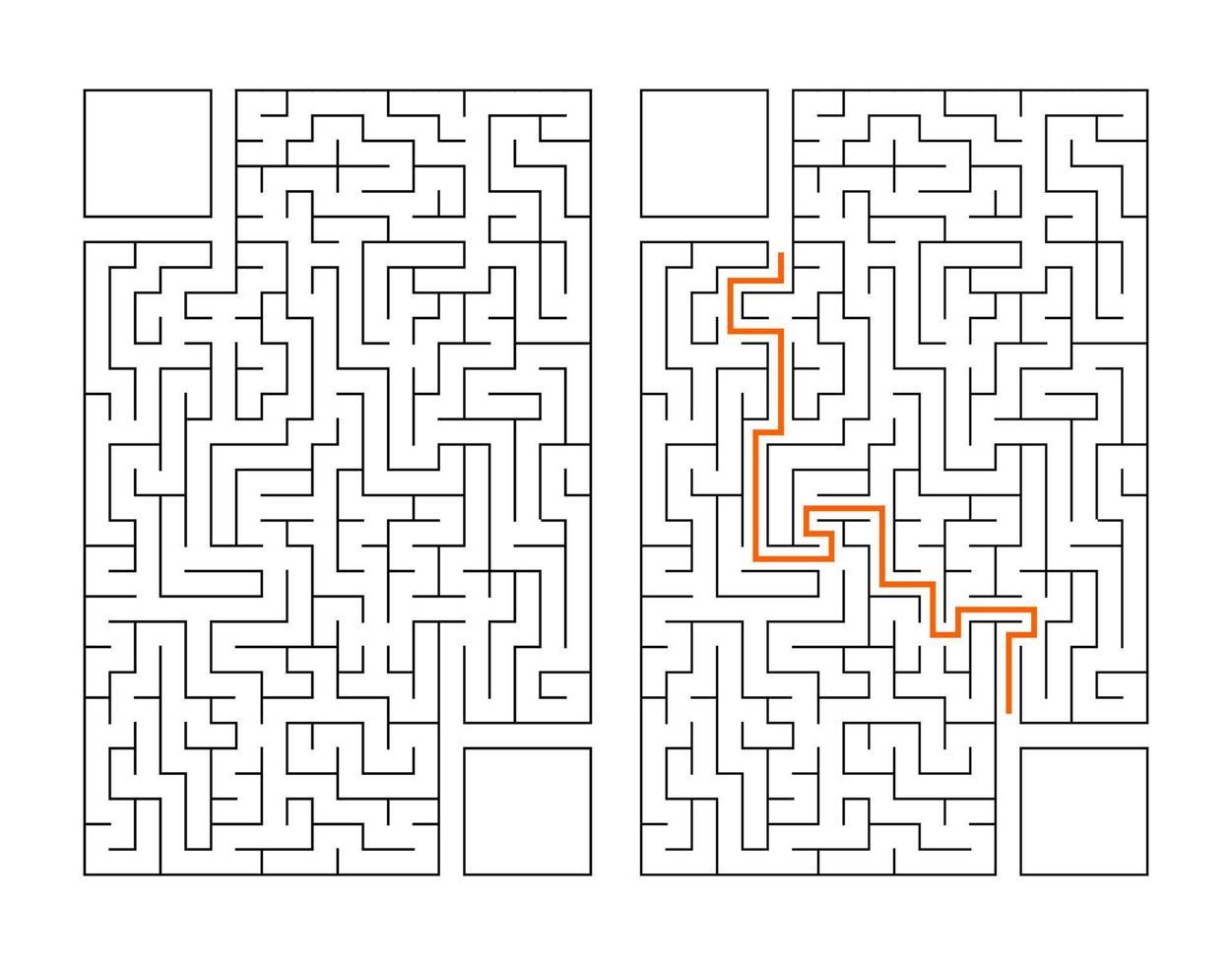 abstract rechthoekig doolhof. spel voor kinderen. puzzel voor kinderen. labyrint raadsel. platte vectorillustratie geïsoleerd op een witte achtergrond. met antwoord. met plaats voor uw afbeelding. vector