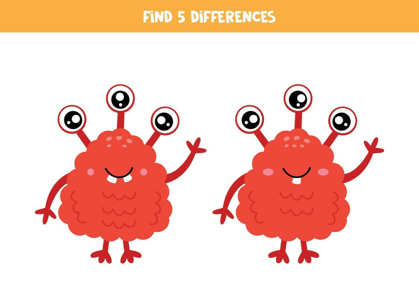 vind 5 verschillen tussen twee schattig tekenfilm rood monsters. vector