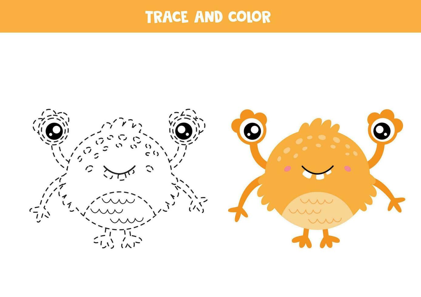 spoor en kleur schattig tekenfilm geel monster. werkblad voor kinderen. vector