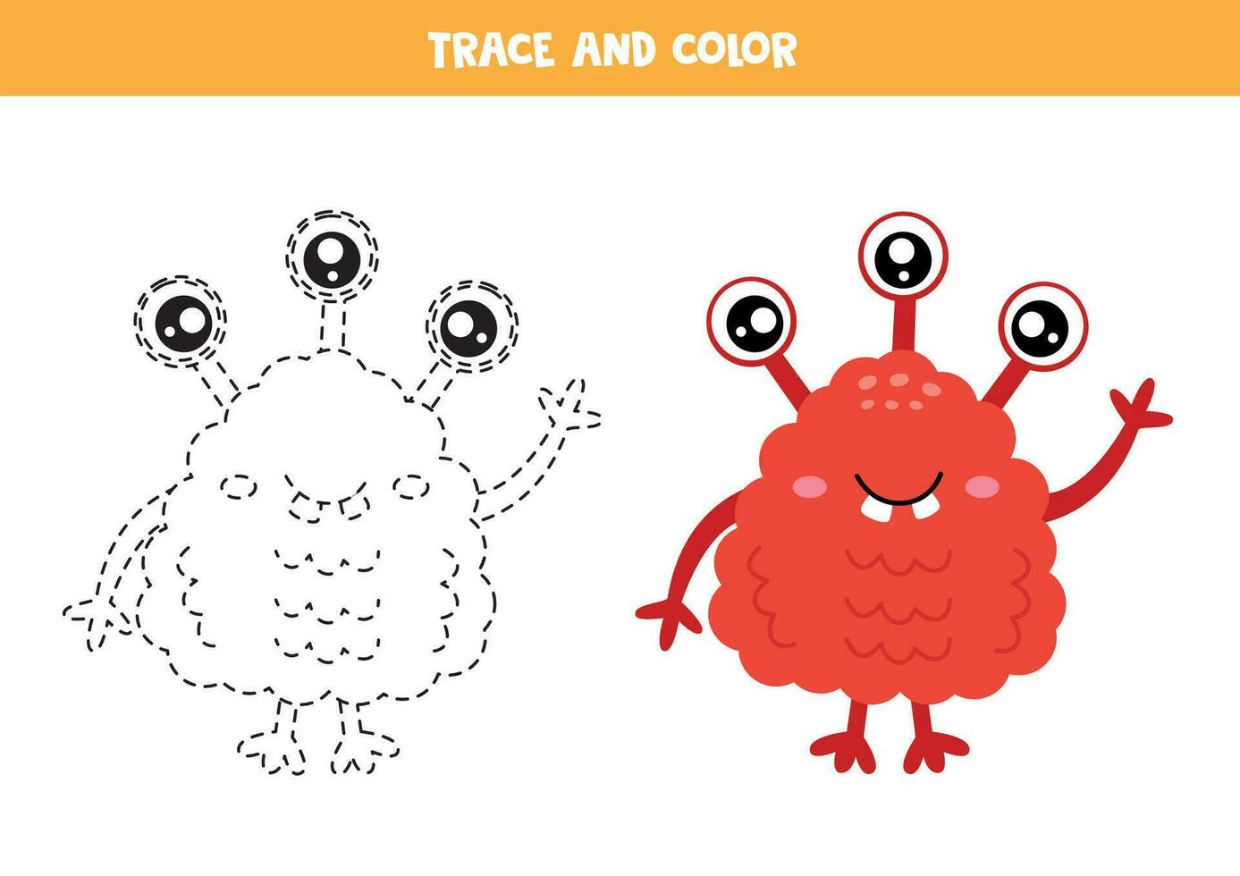 spoor en kleur schattig tekenfilm rood monster. werkblad voor kinderen. vector