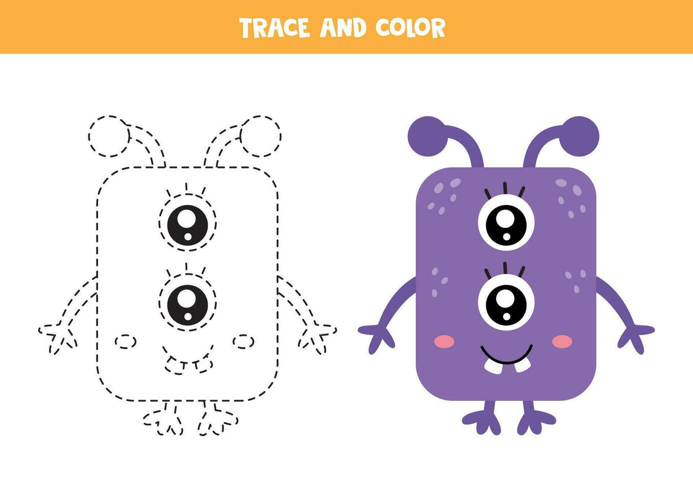 spoor en kleur schattig tekenfilm Purper monster. werkblad voor kinderen. vector