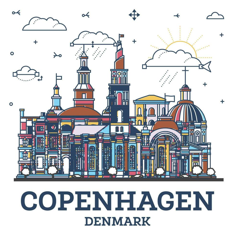 schets Kopenhagen Denemarken stad horizon met gekleurde modern en historisch gebouwen geïsoleerd Aan wit. Kopenhagen stadsgezicht met oriëntatiepunten. vector