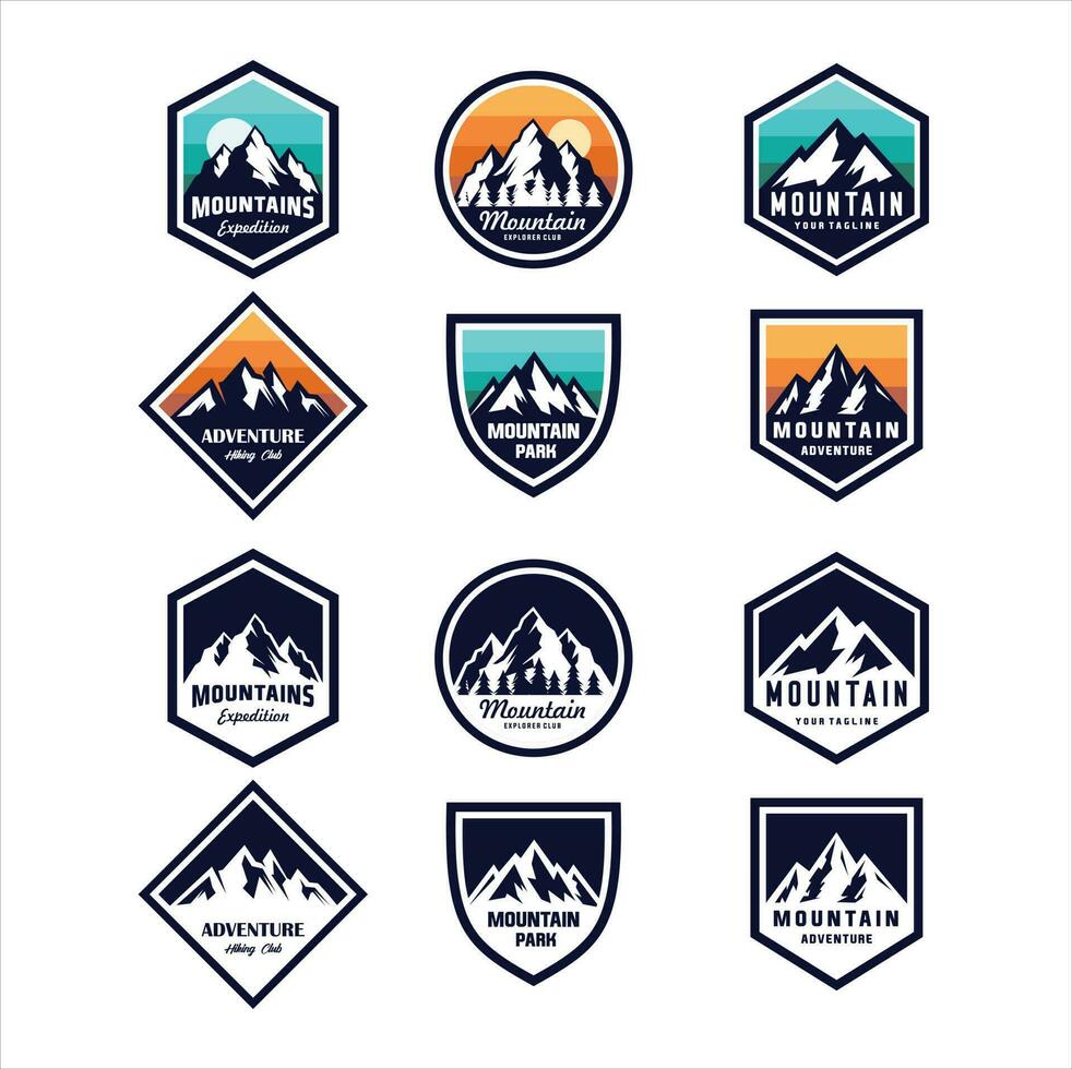 berg expeditie emblemen. buitenshuis reizen etiketten, bergen wandelen sticker embleem en zomer camping insignes. vector